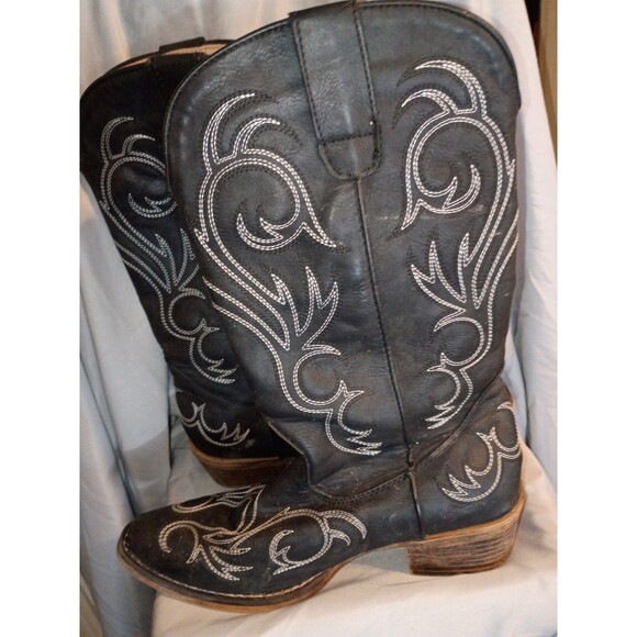 Roper Shoes - Roper Women's Riley Western Boots Round Toe Black Intricate Stenciling Sz 8
